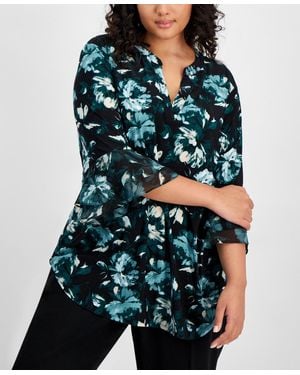 Kasper Plus Size Printed Split-neck Bell-sleeve Blouse - Blue