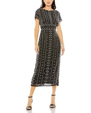Mac Duggal Beaded Cap Sleeve Column Midi Dress - White