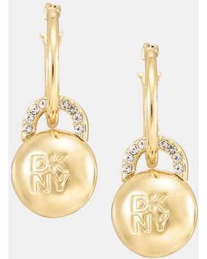 DKNY Crystal Logo Pave Drop Hoop Earrings - Metallic