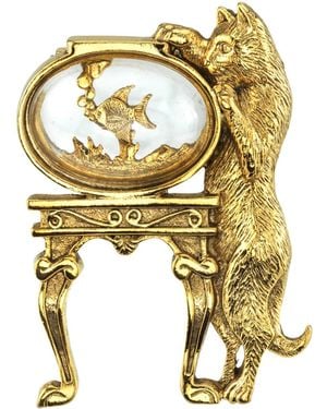 2028 14k Gold-dipped Crystal Cat And Fish Bowl Pin - White