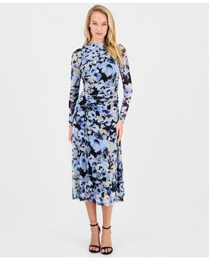 Anne Klein Printed Ruched A-line Midi Dress - Blue