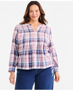 Style & Co. Plus Size Plaid Pintuck Long-sleeve Top - White