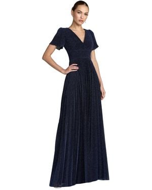 Mac Duggal Petite Pleated Metallic Flutter Sleeve A Line Gown - Blue