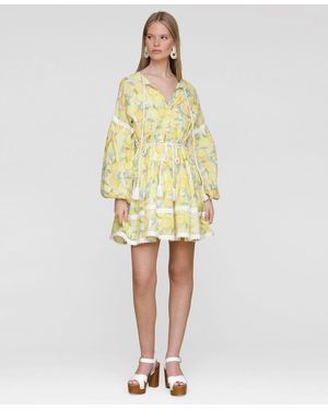 Avec Les Filles Cotton Lemon-print Split-neck Prairie Mini Dress - Yellow
