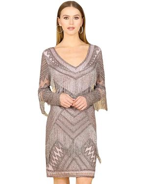 Lara Long Sleeve Beaded V-neck Fringe Cocktail Mini Dress - Gray