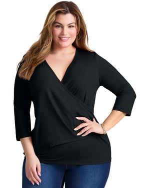 Avenue Side Ruched Faux Wrap Top - Black