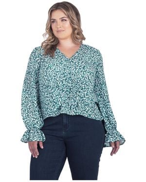 Standards & Practices Plus Size Long Flute Sleeve V-neck Blouse Tops - Blue