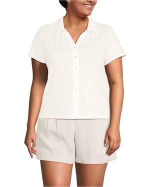 Lands' End Plus Size Linen Blend Short Sleeve Button Front Polo Top - White