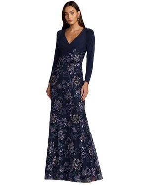 Mac Duggal Petite Navy Floral Embroidered Jersey Long Sleeve Gown - Blue