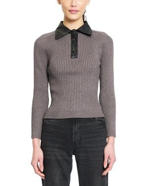 Central Park West Kara Long-sleeve Ribbed Faux-leather Collar Polo - Gray