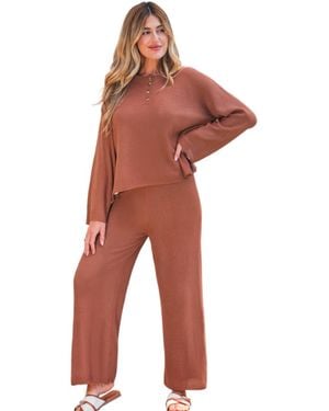 CUPSHE Caramel Waffle Knit Henley Long Sleeve Top And Wide Leg Pants Loungewear Set - Red