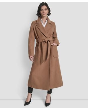 DKNY Notch Collar Belted Wrap Coat - Brown