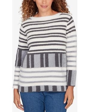 Ruby Rd. Petite Striped Feather Eyelash Pullover Sweater - Gray
