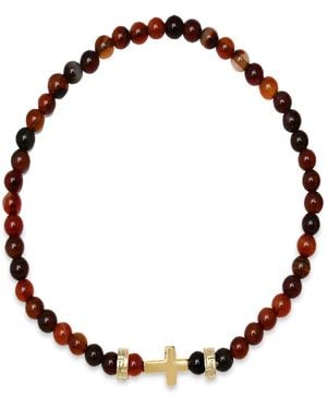 Steeltime 14k Gold Plated Sterling Silver Cross And Tiger Eye Beaded Stretch Bracelet - Brown