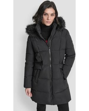 DKNY Hooded Zipper Puffer Coat - Gray