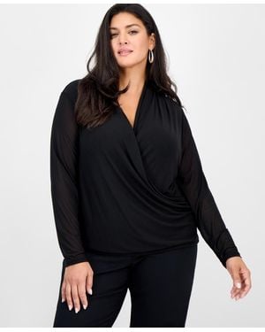 INC International Concepts Plus Size Mesh Draped Top - Black