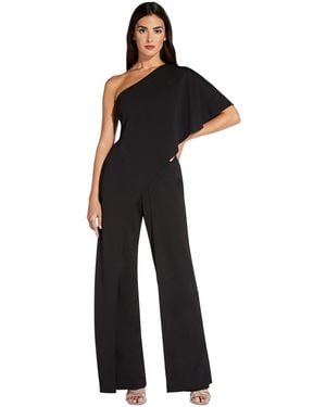 Adrianna Papell Ap1e201788 One Shoulder Asymmetrical Cape Jumpsuit - Black