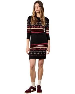 Apricot Folk Ornament Crewneck 3/4 Sleeve Sweater Dress - Red