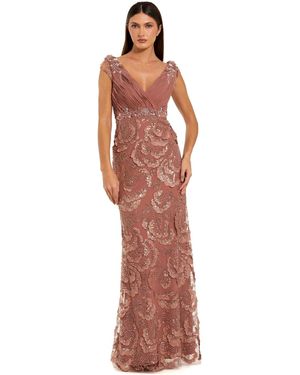 Mac Duggal Floral Beaded Chiffon V-neck Evening Gown - Red