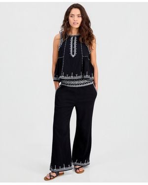And Now This Petite Embroidered-trim Wide-leg Pants - Blue