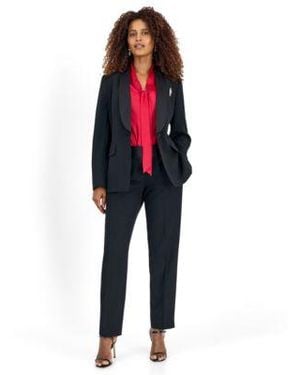 Kasper Sleeveless Satin Tie Neck Blouse Stretch Crepe Blazer Straight Leg Pants - Blue