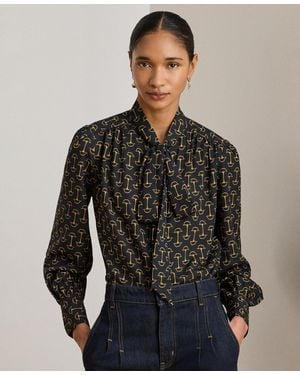 Ralph Lauren Geo-print Crepe Tie-neck Blouse - Black