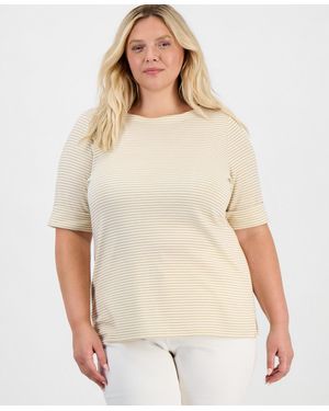 Style & Co. Plus Size Printed Boat-neck Elbow-sleeve Top - Natural