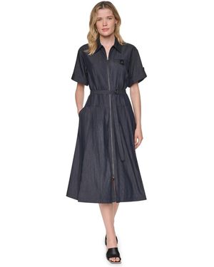 DKNY Collared Short-sleeve Removable Belt Midi Dress - Blue