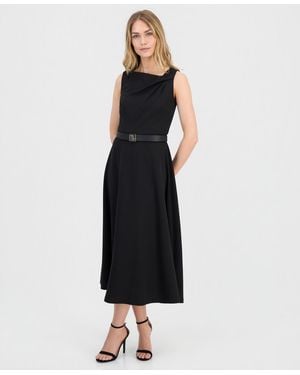 Anne Klein Asymmetric-neck Belted Midi Dress - Black