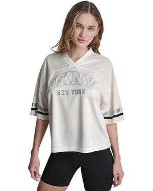 DKNY Varsity Rhinestone V-neck Sports Jersey - White