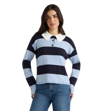 HUNTER Rugby-stripe Ruffled Polo-collar Sweater - Blue