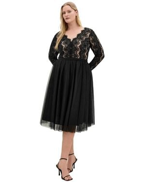 City Chic Plus Size Rare Beauty Lace Fit & Flare V-neck Midi Dress - Black