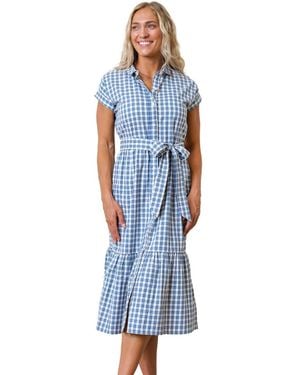 Hope & Henry Short Sleeve Button Front Tiered Midi Dress - Blue