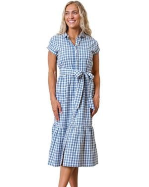 Hope & Henry Short Sleeve Button Front Tiered Midi Dress - Blue