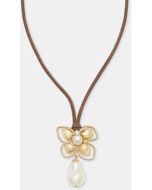 Anne Klein Imitation Pearl Flower Suede Cord Pendant Necklace - Metallic