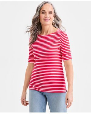 Style & Co. Printed Boat-neck Elbow-sleeve Top - Red