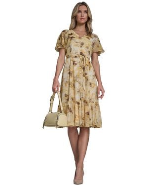 Calvin Klein Flutter Sleeve Floral Print Dress - Natural