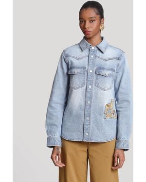 Avec Les Filles Cheetah Embroidered Button-front Shirt - Blue