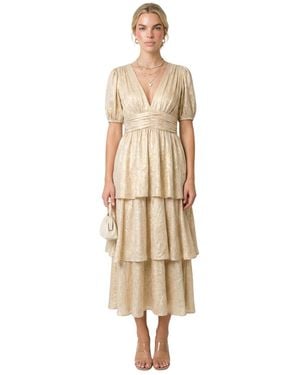 Modenaire Shimmering Puff Sleeve Deep V-neck Maxi Dress - Natural