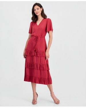 Tahari V-neck Short-sleeve Tiered-ruffle Dress