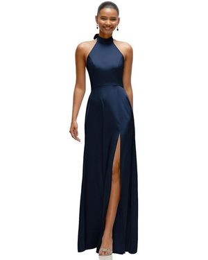 After Six Plus Size Band Collar Halter Open Back Fluid Satin Maxi Dress - Blue
