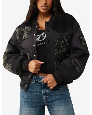 TRUE RELIGION Crystal Branded Nylon Bomber Jacket - Black