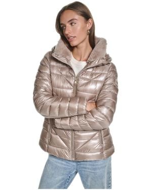 KARL LAGERFELD Short Hooded Faux Fur Collar Puffer Jacket - Natural