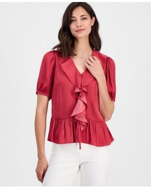 Tahari V-neck Ruffle-front Short-sleeve Blouse - Red
