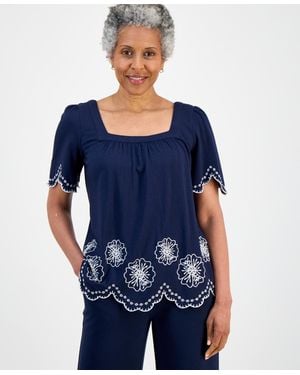 Style & Co. Petite Embroidered Scalloped Knit Top - Blue