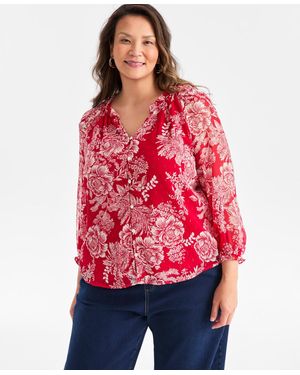 Style & Co. Petite Floral Shine Ruffled Button-front Blouse - White