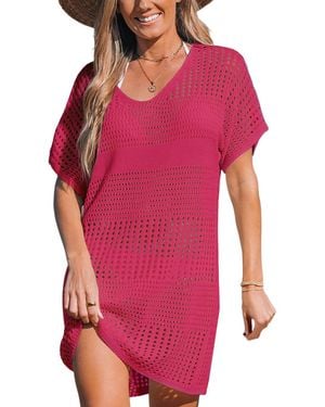 CUPSHE Crochet Short Sleeve Cover-up Mini Beach Dress - Red