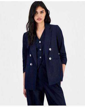 BarIII Ruched-sleeve Open-front Linen Blazer - Blue