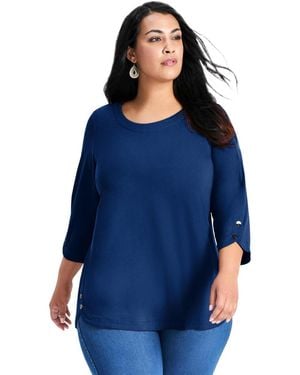 Avenue Plus Size Sabrina Btn Dtl 3/4 Slv Top - Blue