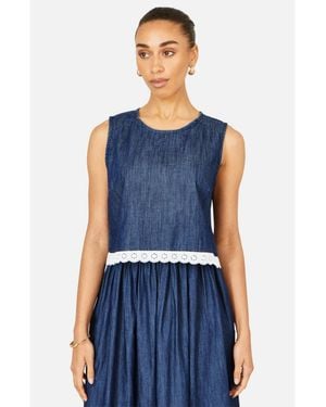 Yumi' Cotton Chambray Lace Trim Top - Blue